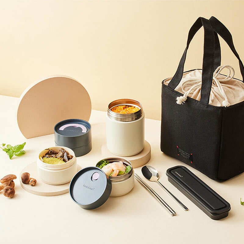 Bộ hộp cơm giữ nhiệt LocknLock All-Fit Lunch Box (230ml*1, 310ml*1, 480ml*1, bộ đũa v&agrave; th&igrave;a, t&uacute;i) - LHC8014IVY, , large image number null